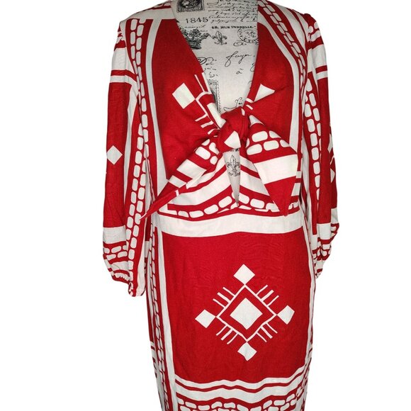 Caroline Constas Medium Maxi Dress, Red White Abstract Tribal, Tie Front Cut Out - Picture 2 of 5